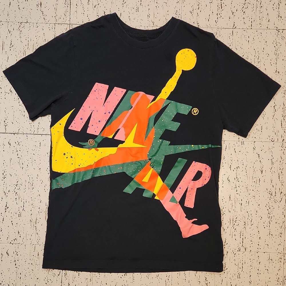 Jordan Nike Air Black Retro Speckle Spellout Logo Crewneck T-Shirt